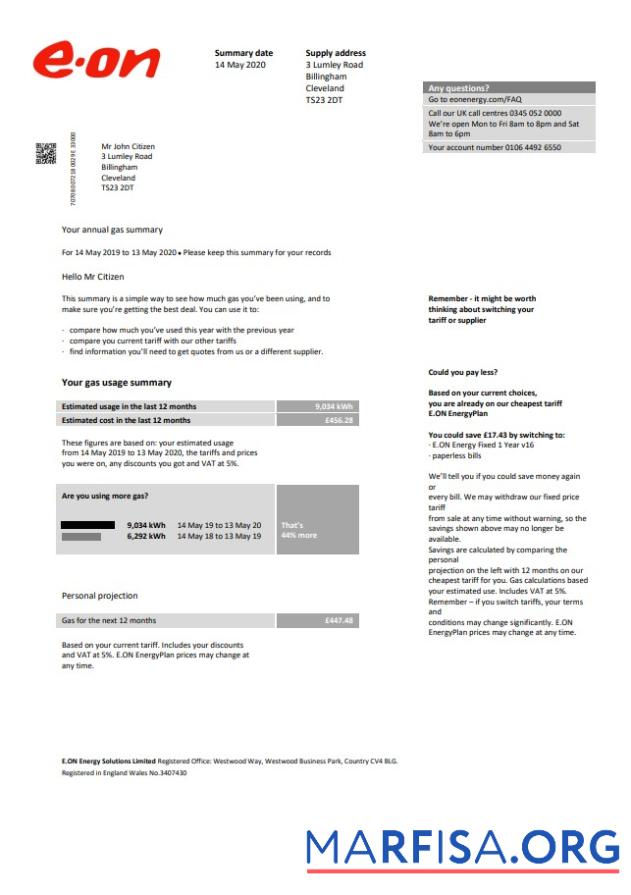 Realistic United Kingdom E.ON utility bill template in Word and PDF format, version 2